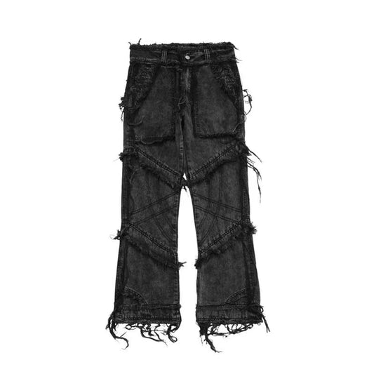 ins dark series washed and distressed raw edge jeans men&#39;s streetwear hip-hop stitching flared pants patchwork jeans