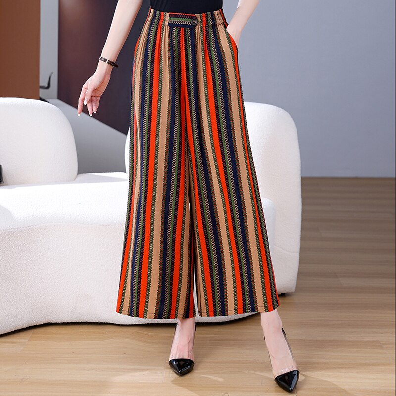 Summer Wide Leg Pants Women Loose High Waist Beach Ankle-Length Trousers Summer Casual Retro Print Plaid Pants