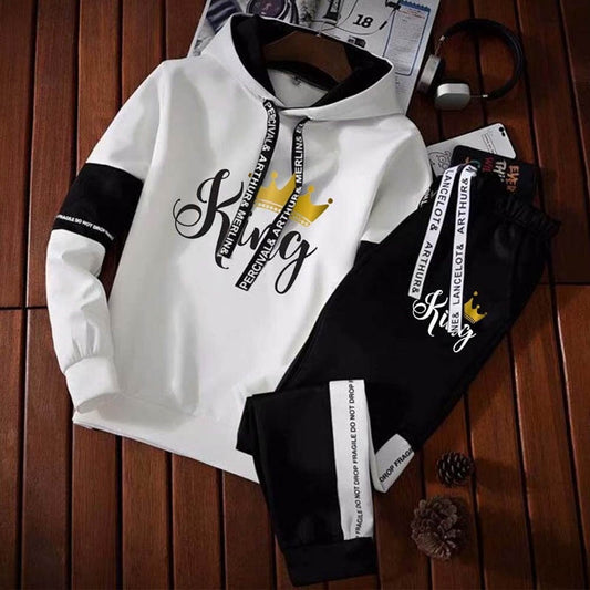 2023 New King Queen Printed Men&#39;s Hooded Sweatshirt Sets Splicing Hoodies+ Pants Outfits Spring Fall Man Outdoor Jogging Clothes