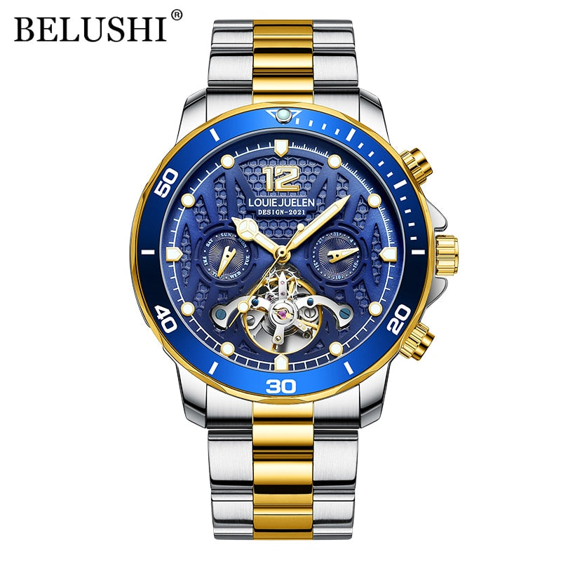 BELUSHI Top Brand Luxury Mens Business Watches Automatic Mechanical Watch Tourbillon Waterproof Clock Stainless Steel Wristwatch