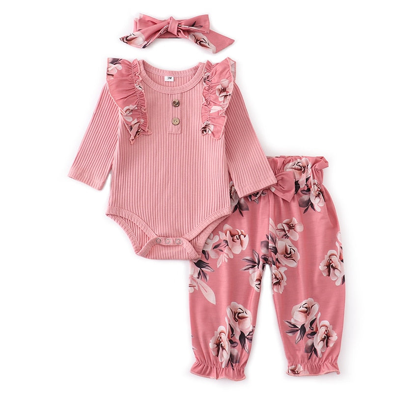 Autumn Baby Girl Clothes Sets Fashion Toddler Outfits Long Sleeve Tops Flower Pants Headband Cute 3Pcs Newborn Infant Clothing