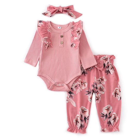 Autumn Baby Girl Clothes Sets Fashion Toddler Outfits Long Sleeve Tops Flower Pants Headband Cute 3Pcs Newborn Infant Clothing