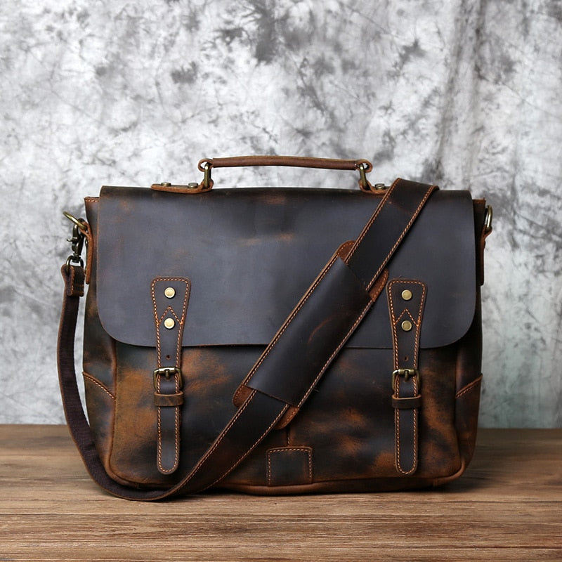 Retro Leather Men&#39;s Handbag Top Layer Leather Horizontal Computer Bag Crazy Horse Leather Men Casual Shoulder Messenger Bag NZPJ