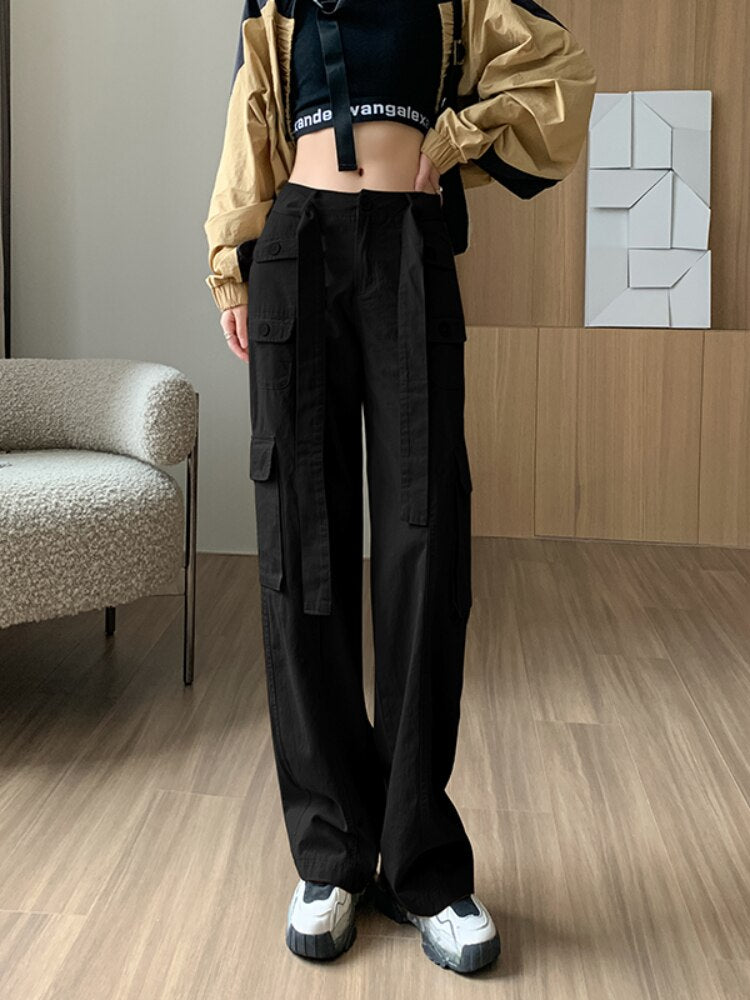 Vintage Cargo Pants Women Casual Pants Autumn New Women Clothing Belt Wide Leg Pants Straight Trousers Basic Soild Pants Women