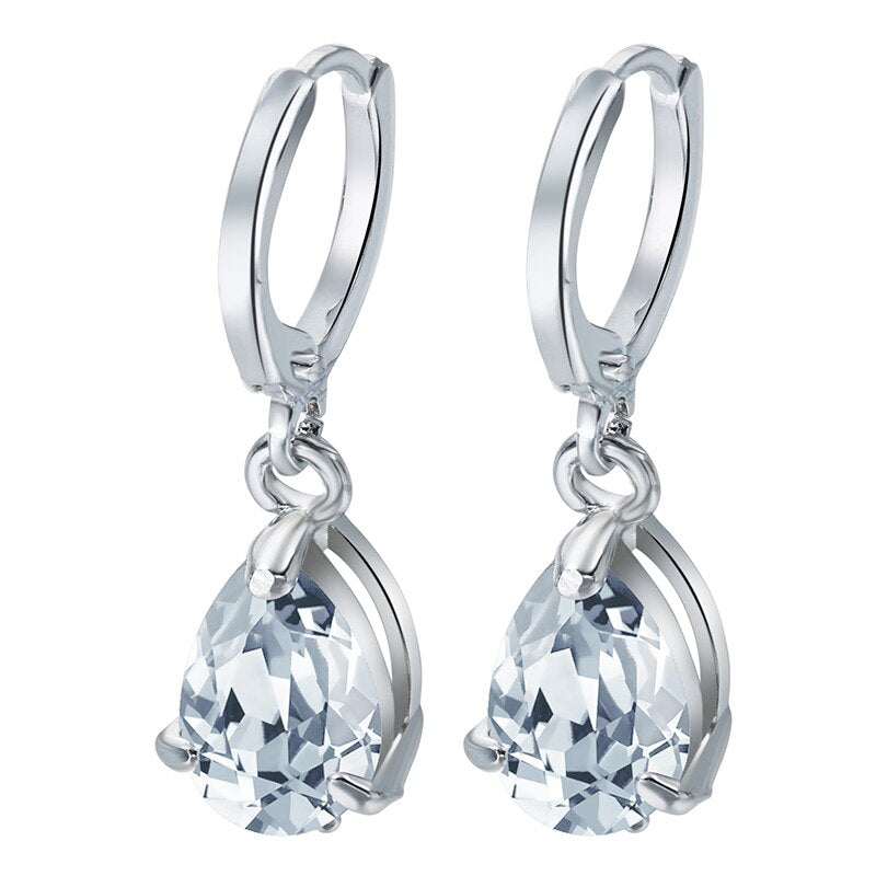 Luxury Cubic Zirconia Aquamarine Gold Color Love Stud Earrings for Women Bride Band Wedding Jewelry