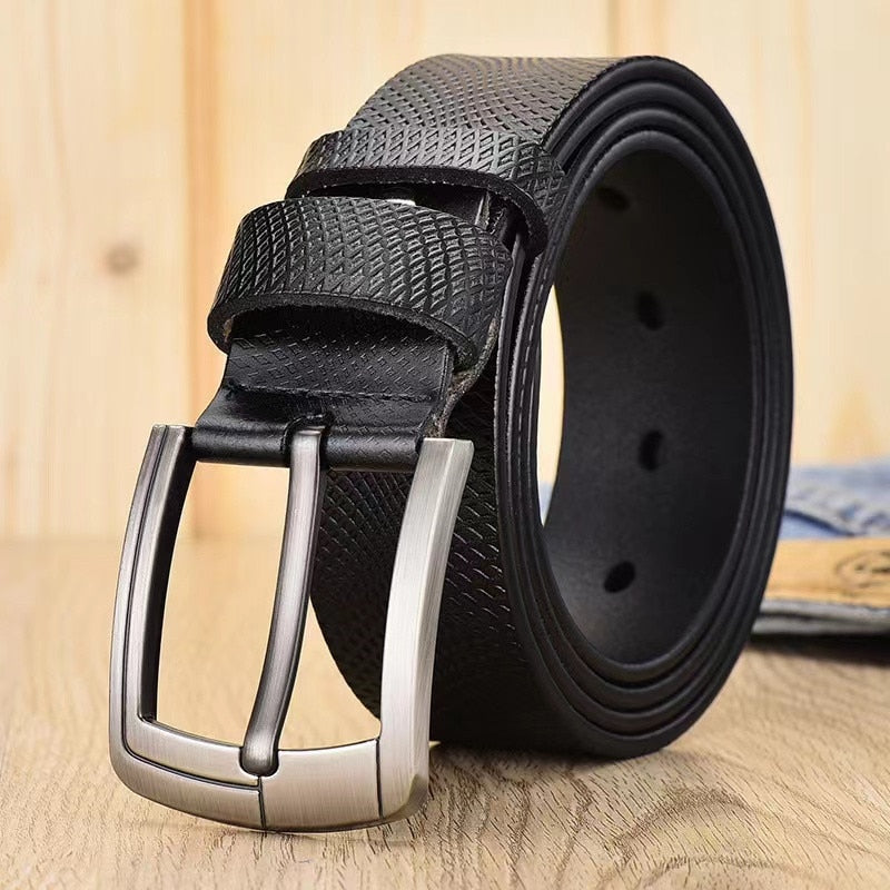 105-125CM Men&#39;s Belt Genuine Leather Vintage Belt Mesh Trend Embossed Pin Buckle Casual Jeans Leather Belt