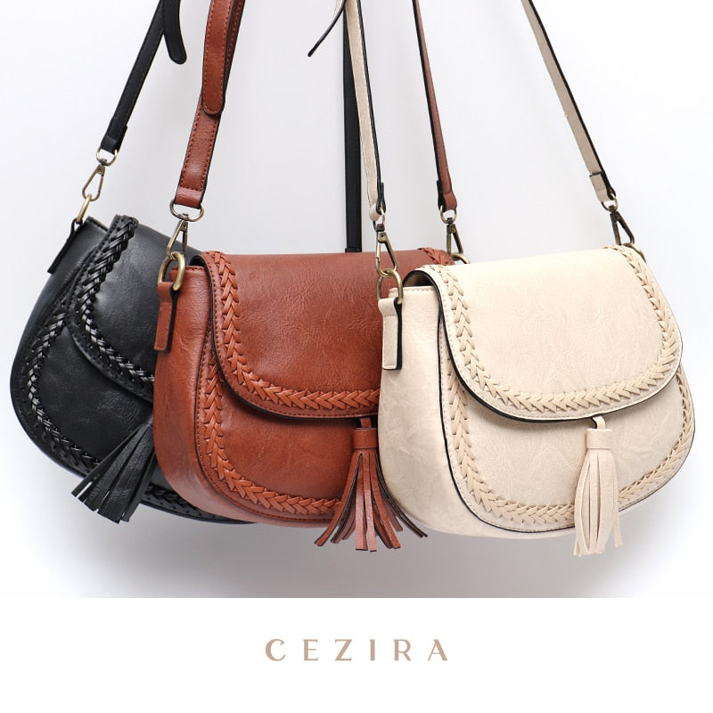 CEZIRA Bohemia Style Vegan Leather Saddle Bags Women Vintage Causal Braid Tassel String Flap Snap Messenger Shoulder Handbags