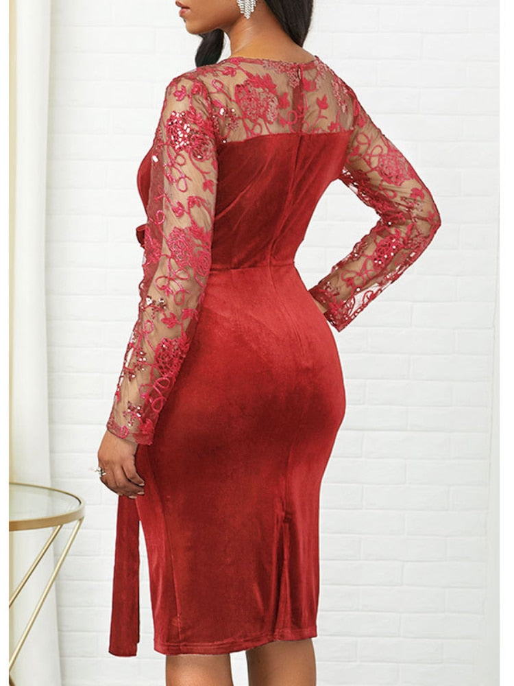 Slim Fit Lace Dress Women O Neck Package Hip Long Sleeve Gowns Elegant Fall Evening Dresses Vestidos Largos Talla Grande 5XL