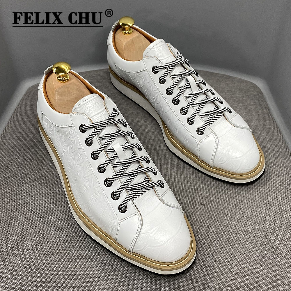 Classic Mens Casual Shoes Genuine Leather Lace-Up Fashion Sneakers Luxury Brand Alligator Print Street Travel Flat Shoes for Men