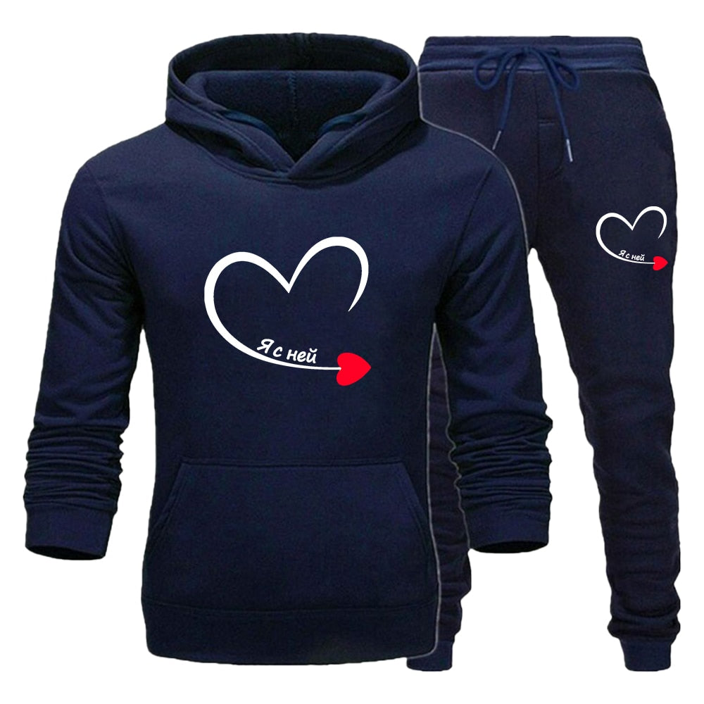 2023 Couples Tracksuit Love Heart Print Lover Hoodie and Pants 2 PCS Clothes Men Women Sweatshirts and Trousers Fleece Suits