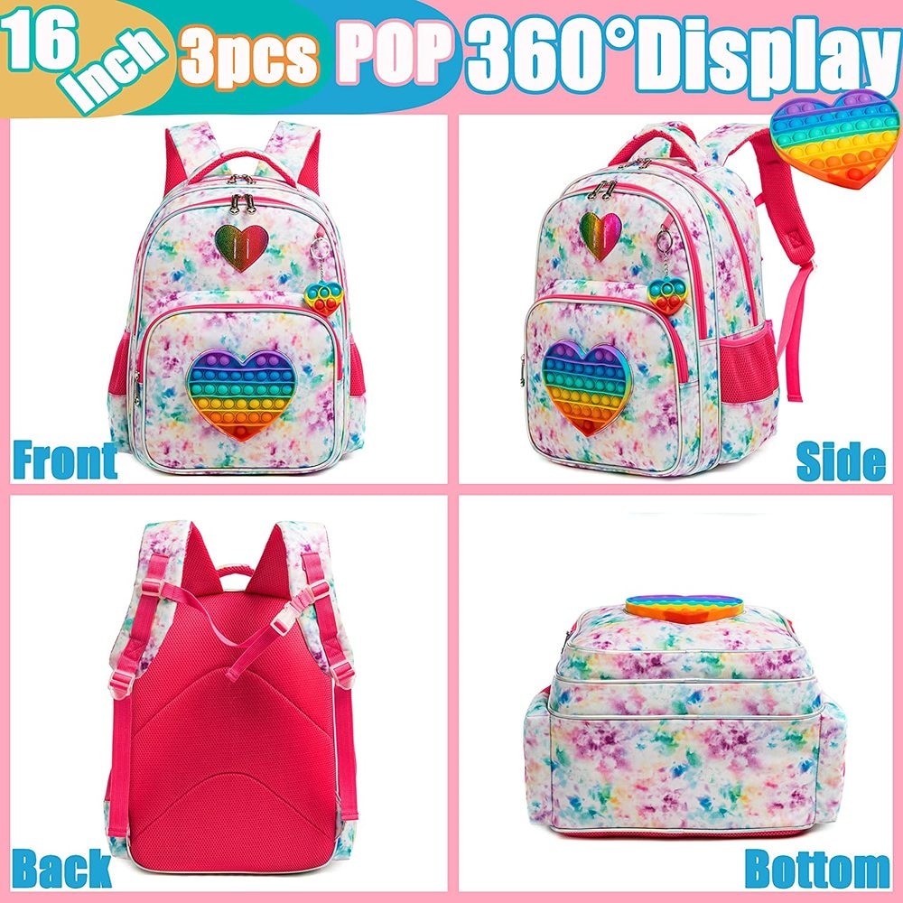 Bikab School Bags 3 In 1 Kids Bags for Girls Kawaii Backpack Waterproof Children School Bags for Girl 16&quot; Bags for Girls Set Bag