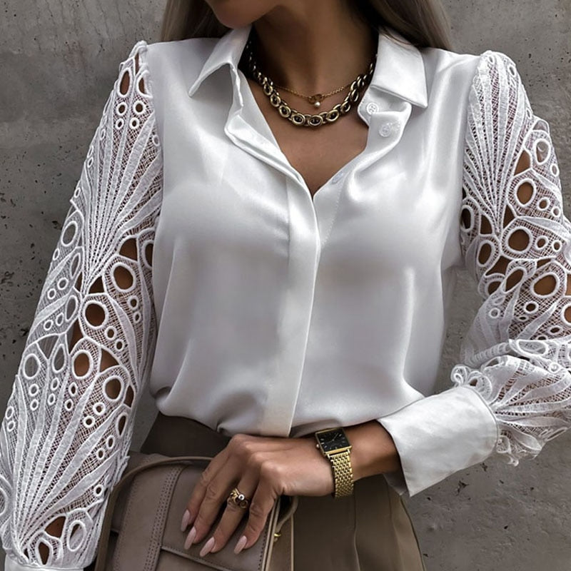 White Sexy Lace Hollow Out Women Blouse 2023 Spring Black Vintage Button Up Shirts Top Long Sleeve Mesh Design Tops Femme 19948