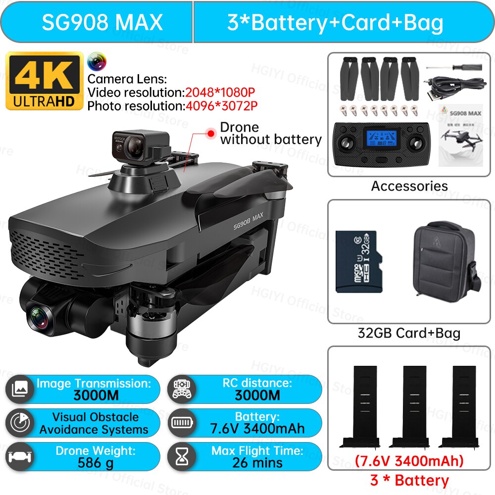 HGIYI SG908 Max Drone 4K Profesional 3-Axis Gimbal Obstacle Avoidance HD Camera Dron GPS RC Helicopter Quadcopter VS SG907 Max