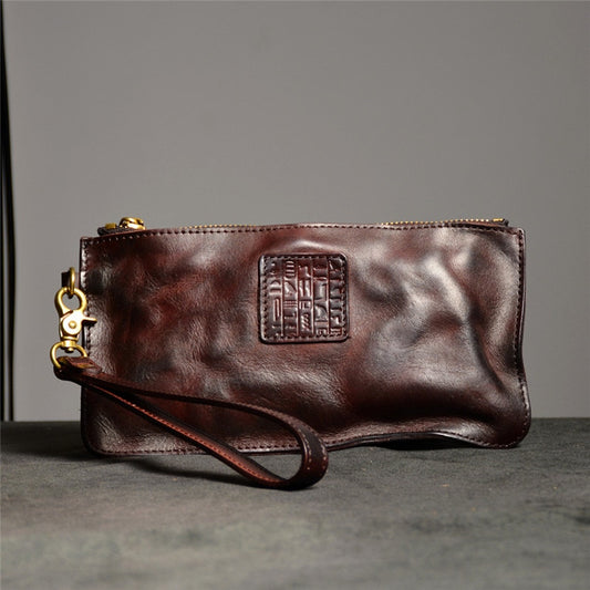 PNDME vintage high quality genuine leather men&#39;s clutch bag outdoor casual luxury natural real cowhide party thin phone wallet