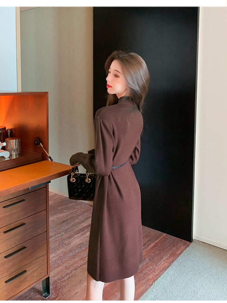 Elegant Women&#39;s Dresses for Party 2022  Autumn Winter Female Clothing Solid Dresses Woman with Belt OL Lantern Sleeve Knit Dress