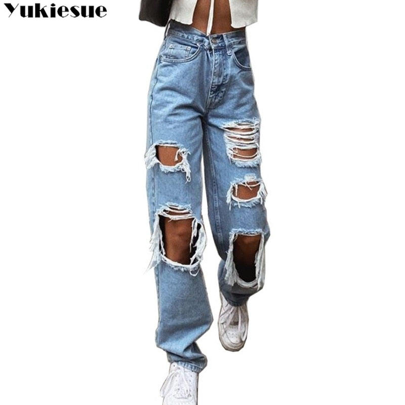 Sexy Boyfriend Ripped Jeans woman Bagge Women Holes Destroyed Broken Pants Vintage Female Denim Trousers Distressed Designer