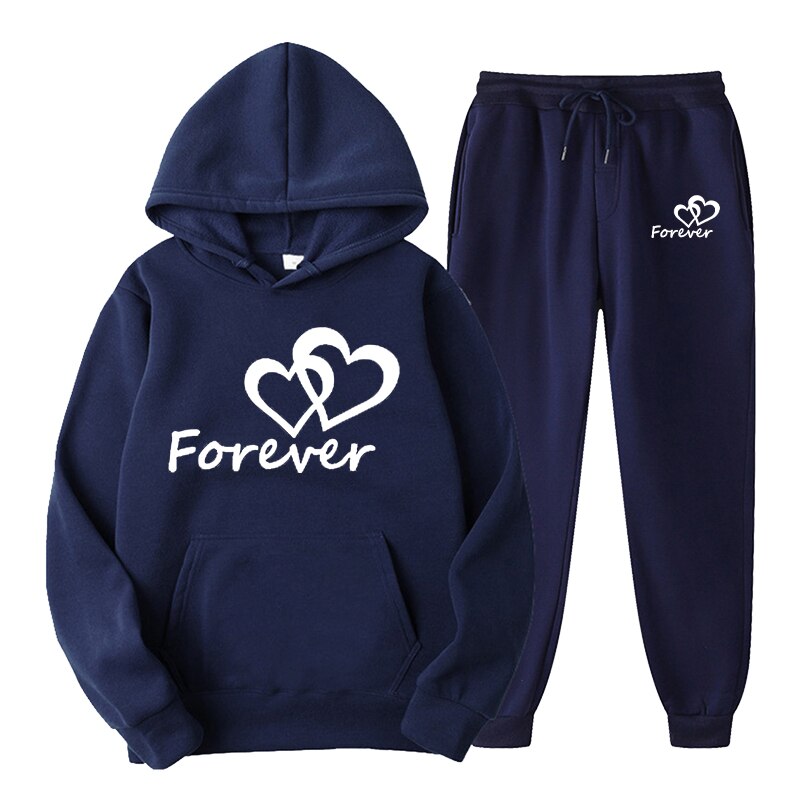 Fashion Men and Women Unisex Couple Sportwear Set Lover Forever Together Printed Hooded Suits Set Hoodie and Pants Streetwear