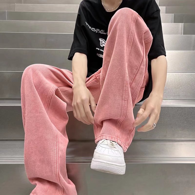 Street Vibe Style Jeans Men&#39;s Loose Straight Pants Trendy Brand American Baggy Wide-leg Pants Pink Jeans Spring and Autumn