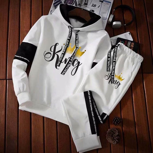 2023 New King Queen Printed Men&#39;s Hooded Sweatshirt Sets Splicing Hoodies+ Pants Outfits Spring Fall Man Outdoor Jogging Clothes