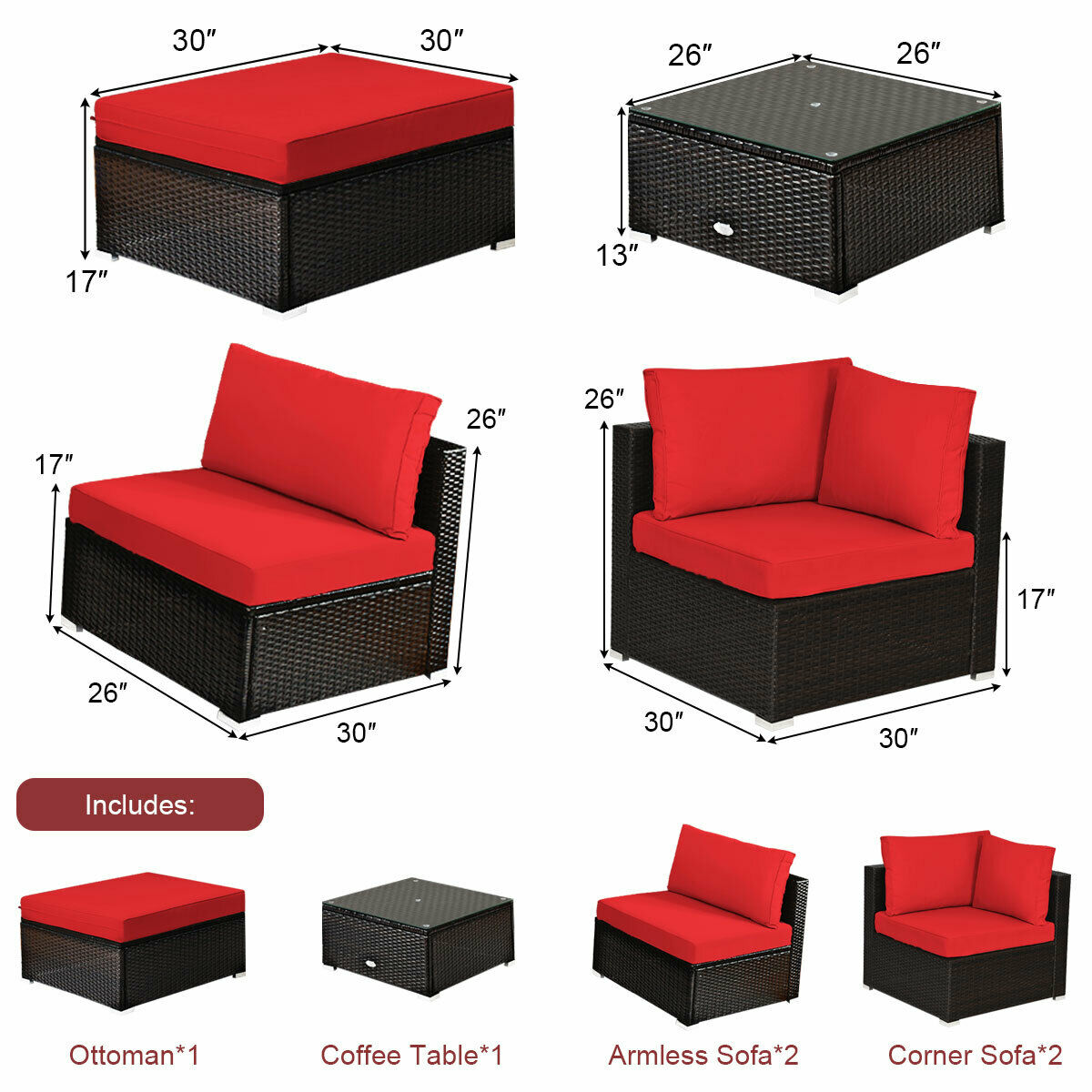 6 PCS Outdoor Patio Sofa Set All Weather Rattan Sectional Sofa Couch with Coffee Table for Garden Backyard Red Cushion
