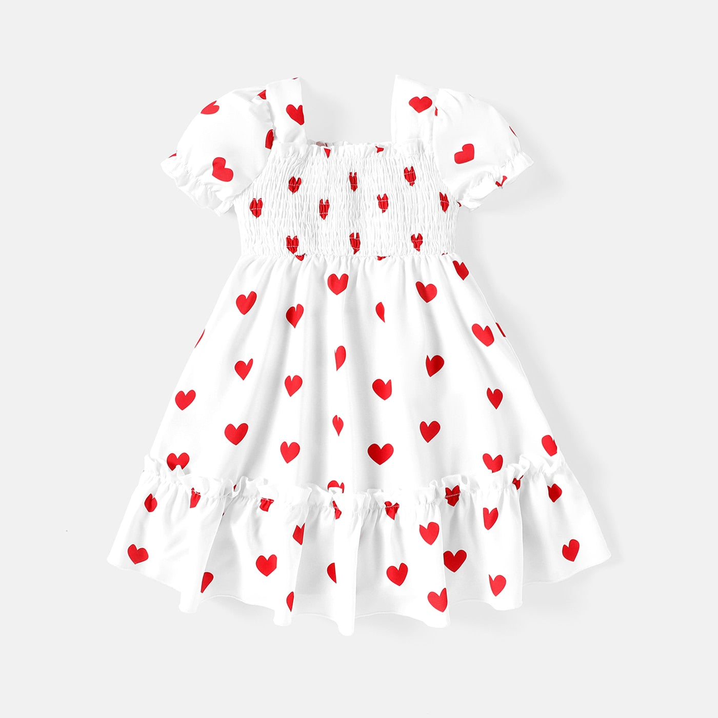 PatPat Toddler Girl Heart Print Smocked Square Neck Short-sleeve Dress