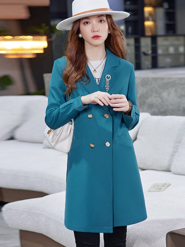 Trench Coat for Women 2022 Autumn Fashion Trench Coats Long Black Coats for Women Suit Jackets Women with Brooch Female Clothing