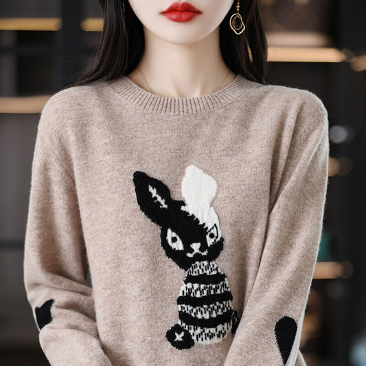 2023 Rabbit New Year Sweater Comfortable And Warm 100% Merino Wool Pullover Korean Fashion Large Women&#39;s Top Free Of Freight