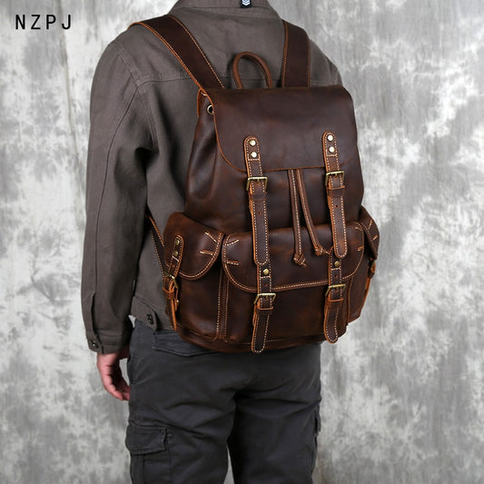 Retro Leather Men&#39;s Backpack Top Layer Cowhide Travel Backpack Large Capacity School Bag Crazy Horse Leather Laptop Bag NZPJ