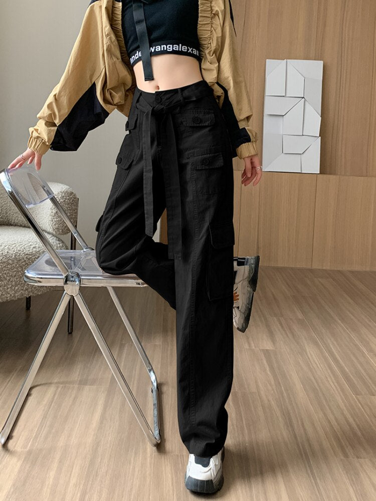 Vintage Cargo Pants Women Casual Pants Autumn New Women Clothing Belt Wide Leg Pants Straight Trousers Basic Soild Pants Women