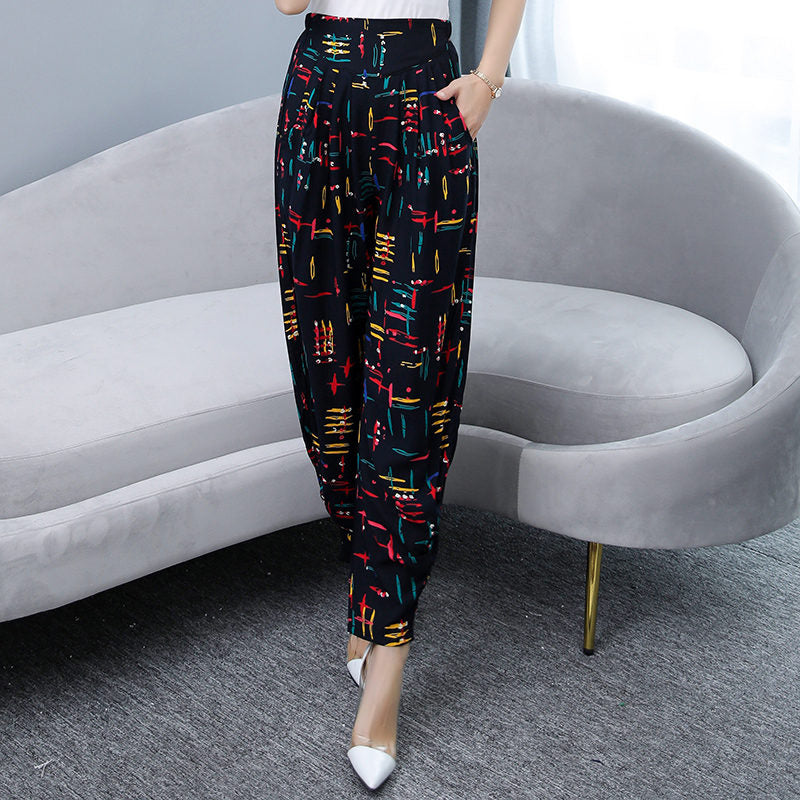 Women Summer Pants 2023 Korean Vintage Striped High Waist Plaid Pants with Print Loose Streetwear Elegant Summer Trousers