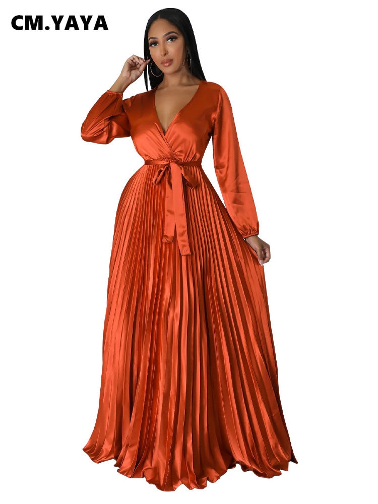 CM.YAYA Vintage Women Wrap V-neck Sashes Waist Pleated Maxi Dress Autumn Winter INS Big Swing Sexy Night Party Club Long Dresses