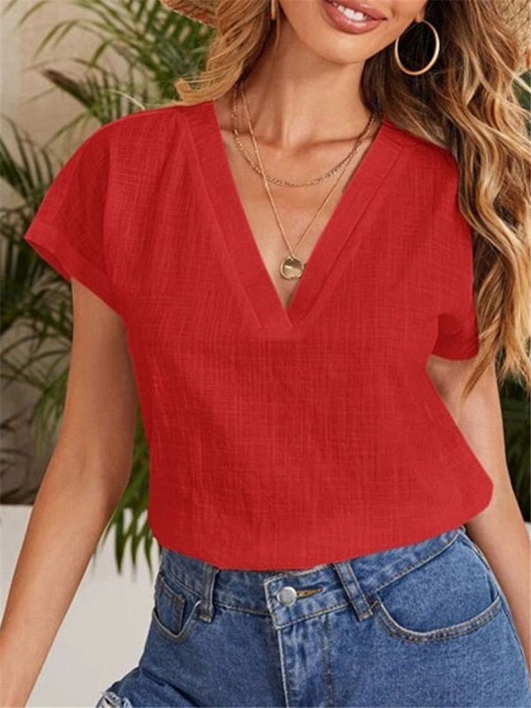 Women&#39;s Cotton Linen Blouse Fashion Summer V Neck Short Sleeve Shirts Solid Color Blouses Casual Office Loose Tops Blusas Mujer