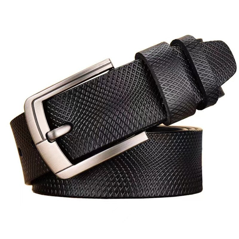 105-125CM Men&#39;s Belt Genuine Leather Vintage Belt Mesh Trend Embossed Pin Buckle Casual Jeans Leather Belt