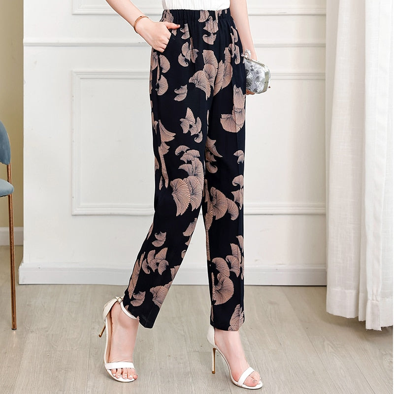 2023 Summer Casual Pencil Pants Women Bottoms Vintage High Waist Pants with Print Elastic Waist Middle Aged Women Trousers