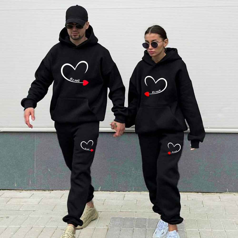 2023 Couples Tracksuit Love Heart Print Lover Hoodie and Pants 2 PCS Clothes Men Women Sweatshirts and Trousers Fleece Suits