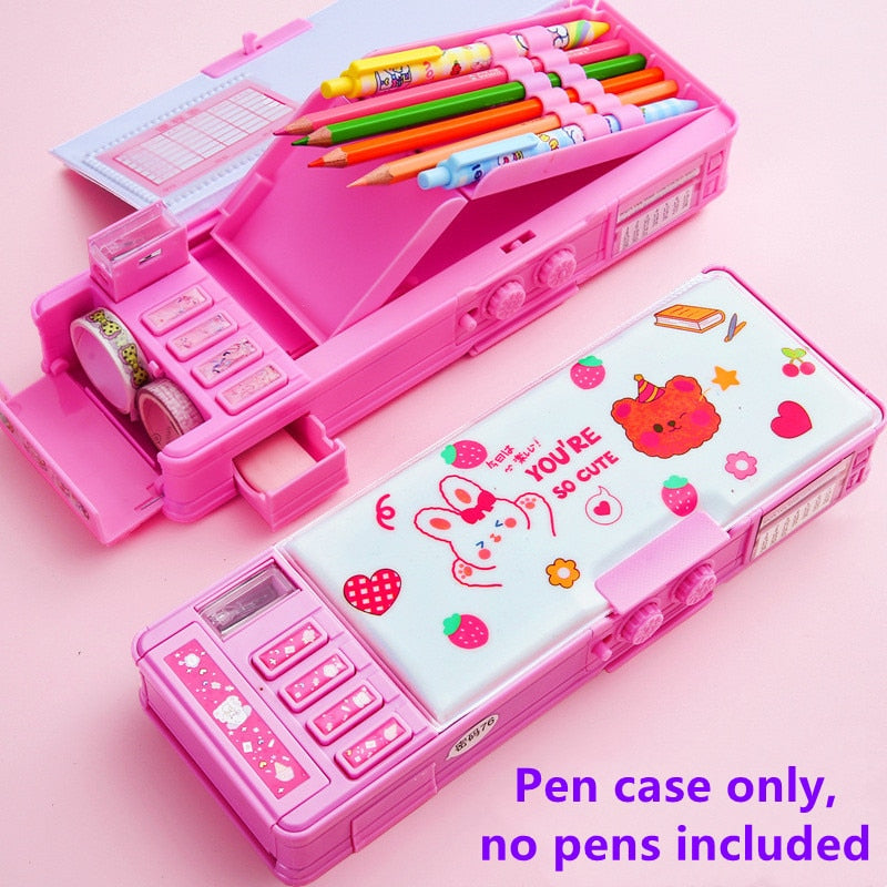 Mechanical deformation combination lock stationery box girl cute pencil case school student pencil box Cartoon plastic pen case