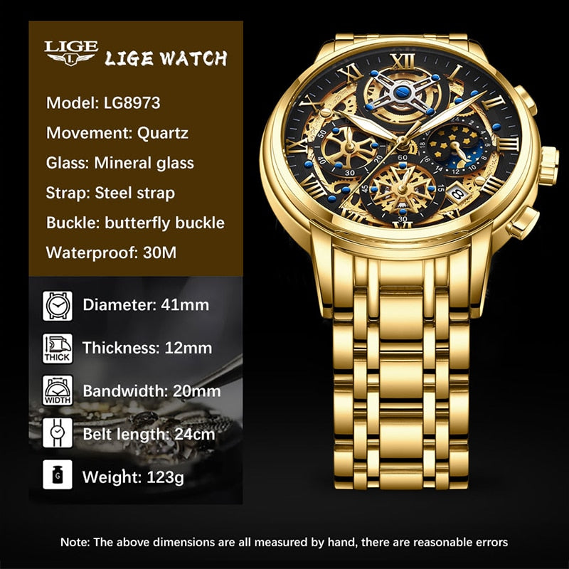 LIGE Gold Luxury Watch Men Quartz Steel Waterproof Sport Watches Wristwatch Military Chronograph Date Clock Relogio Masculino