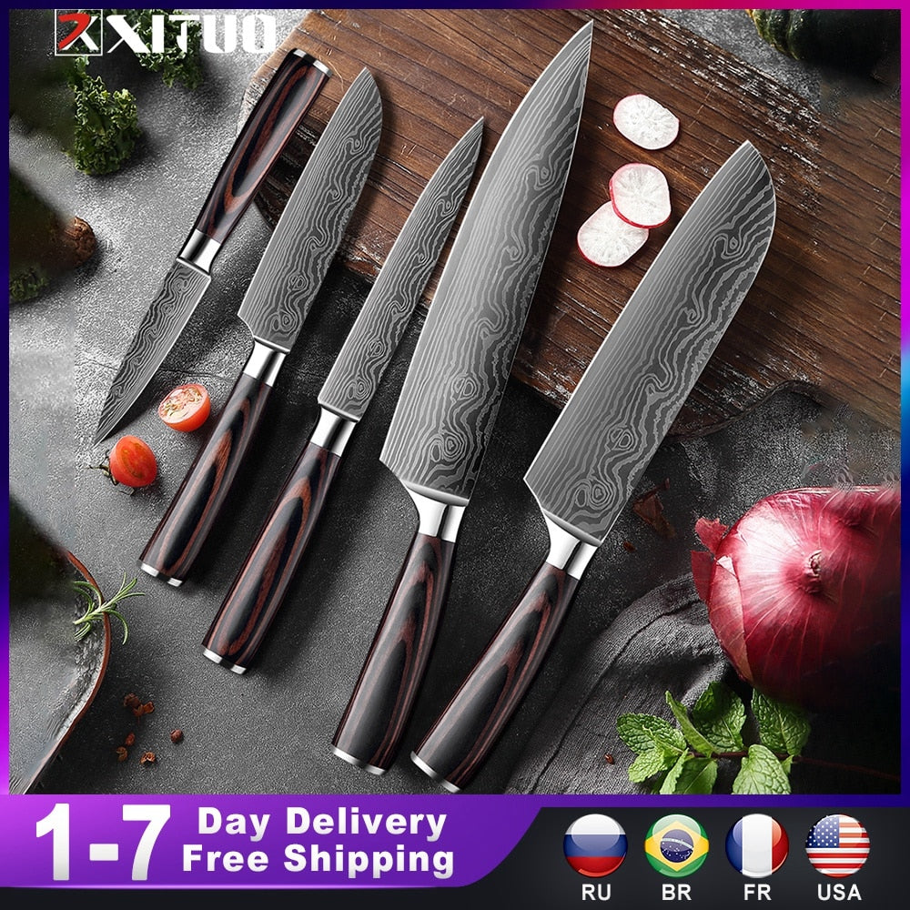 XITUO 1-5PCS set Chef Knife Japanese Stainless Steel Sanding Laser Pattern Knives Professional Sharp Blade Knife Cooking Tool