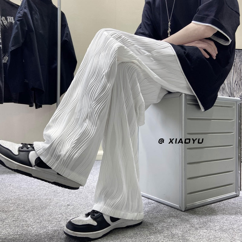 Men&#39;s Fashion Straight Pleated Pants Elastic Waist Casual Pants Men&#39;s Street Loose Ice Silk Wide Leg Pants White Black M-5XL