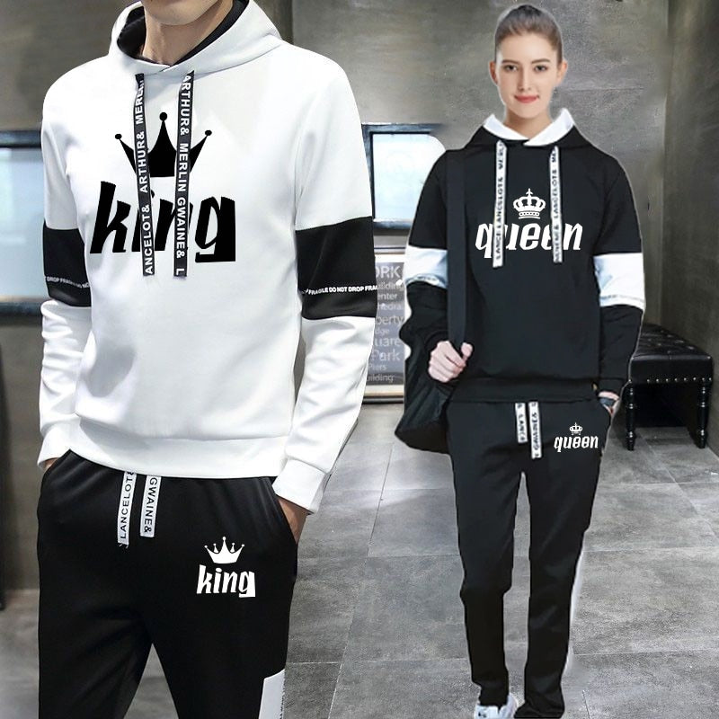 2023 Couples Hooded Tracksuit King or Queen Print Lovers Hoodies Sets Sweatshirt +Jogging Sweapants 2PCS Suits Matching Clothing