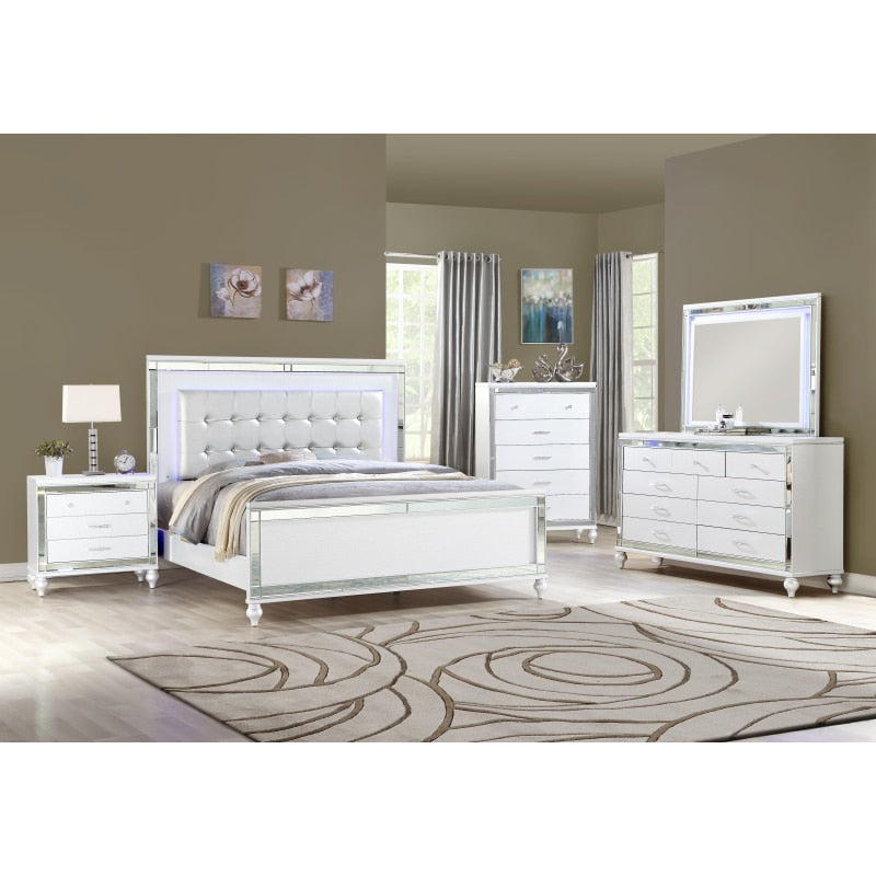 Royal Bedroom Furniture 4 PCS Bedroom Set Include Luxury King Bed Frame Nightstand Dresser White Mirrored Glamorous Furniture