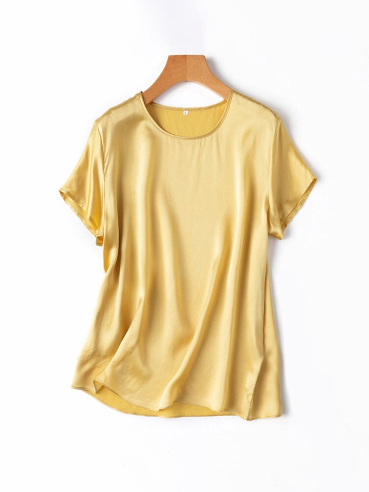 SuyaDream Woman Silk Tee 100%Real Silk Short Sleeved Plain O Neck T Shirt 2022 New Summer Top