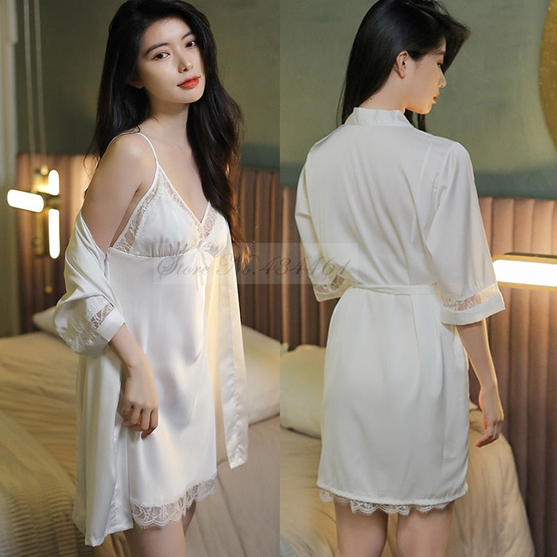 Sexy Women Rayon Kimono Bathrobe WHITE Bride Bridesmaid Wedding Robe Set Lace Trim Sleepwear Casual Home Clothes Nightwear