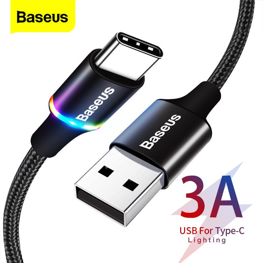 Baseus LED USB Type C Cable For Samsung S20 S21 Xiaomi POCO Fast Charging Wire Cord USB-C Charger Mobile Phone USBC Type-C Cable