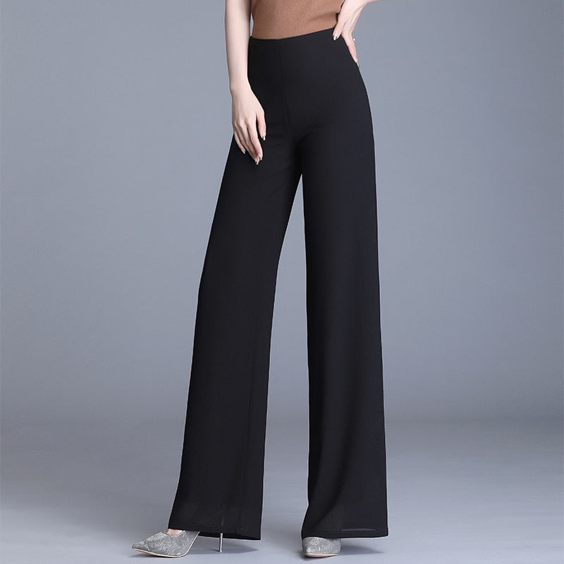 2023 Summer Chiffon Wide Leg Pants Women Vintage High Waist Black Pants Casual Long Trousers Women Loose Korean Pants