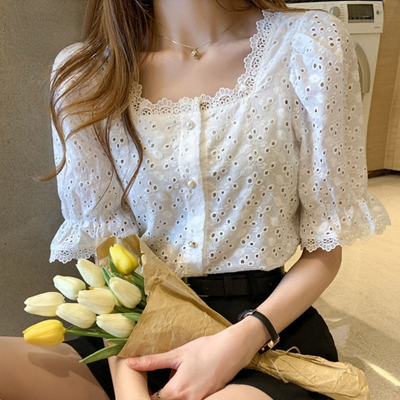 Fashion Summer Short Sleeve Shirts Woman White Blouse Women 2023 Elegant Square Collar Hollow Out Korean Lace Shirt Blusas 13934