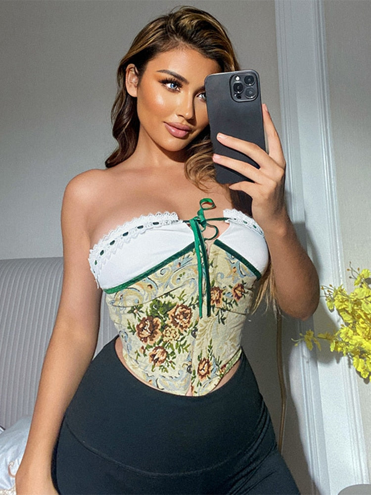 JULISSA MO Lace Bandage Sleeveless Off-shoulder Crop Top Fashion Sexy Corset Crop Tops Vest Female Backless Bustier Top Vest