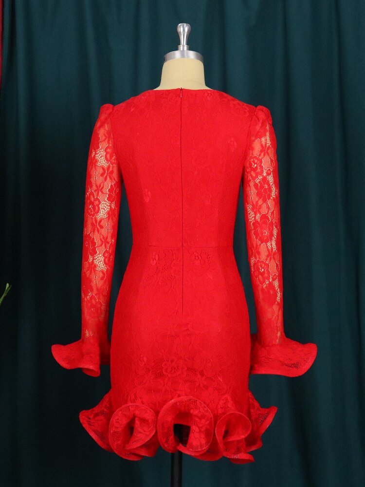 Big Size Women&#39;s Red Lace Mini Dress Ruffle Sleeve O Neck Slim Fit Elegant Sexy Dresses for Female Birthday Party 2022 Spring