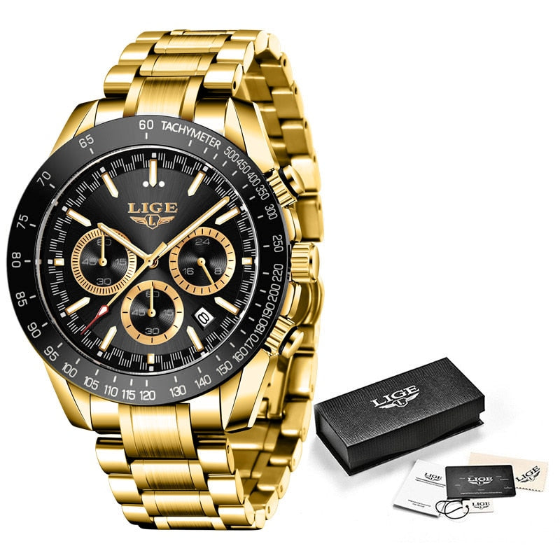 LIGE Luxury Gold Metal Wirst Watches Men 2022 Business Quartz Wristwatches Steel Chain Male Clock relogio masculino Men relojes