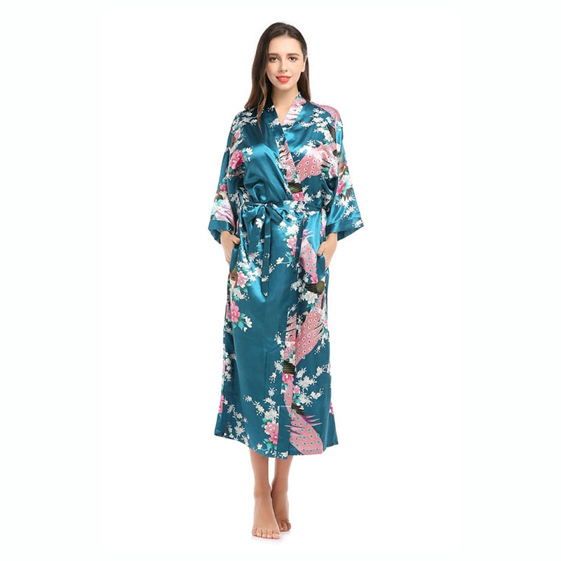 Womens Silk Satin Kimono Robes Long Sleepwear Dressing Gown Floral Peacock Printed Pattern Party Wedding Bridesmaid Bathrobe